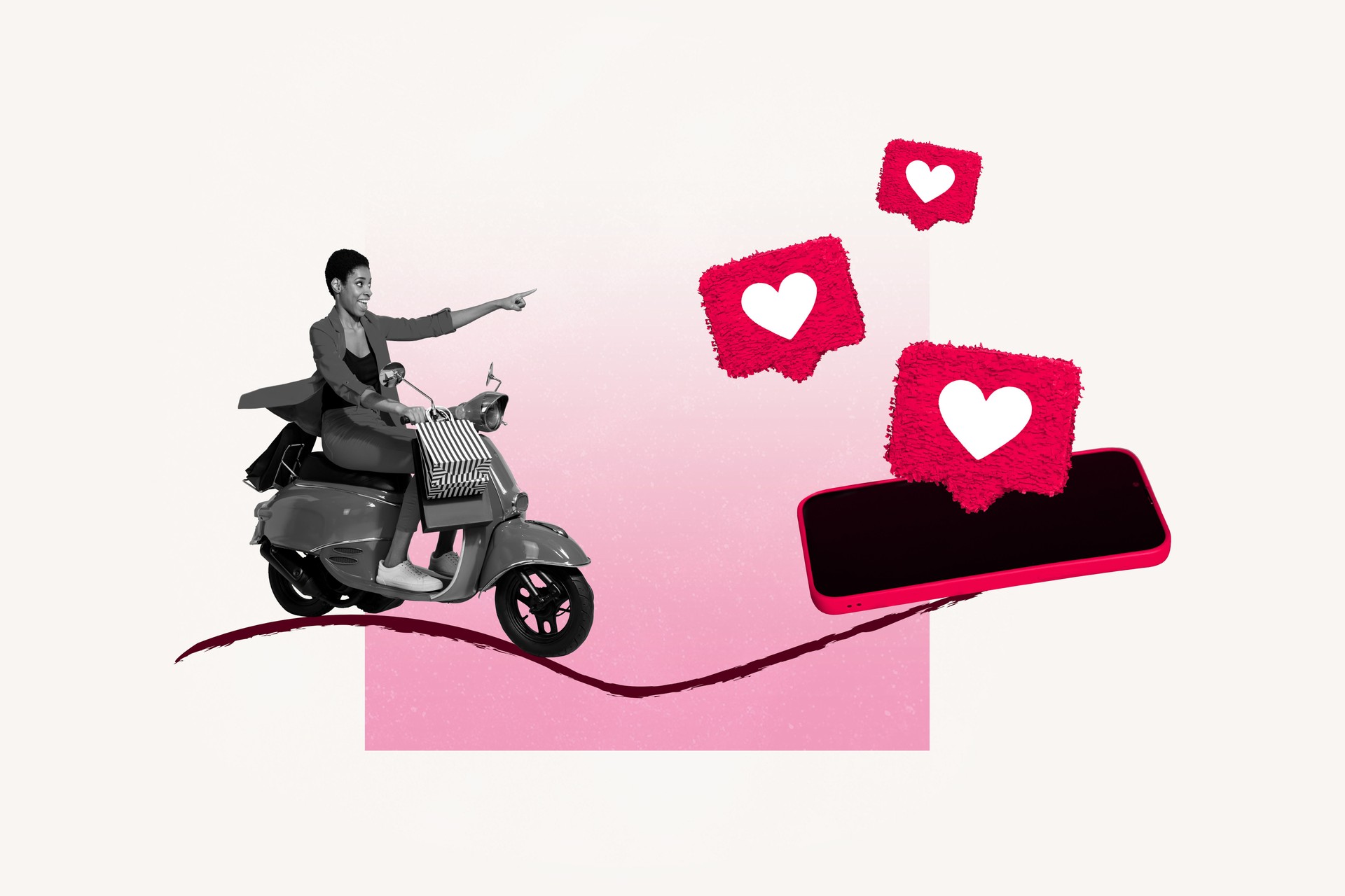Composite artwork sketch collage of huge smartphone display heart icon notification woman drive motorbike line show gesture finger point